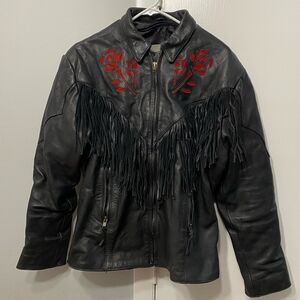 Unik Vtg Genuine Leather Fringe Jacket w/ Suede Rose Inlays L
